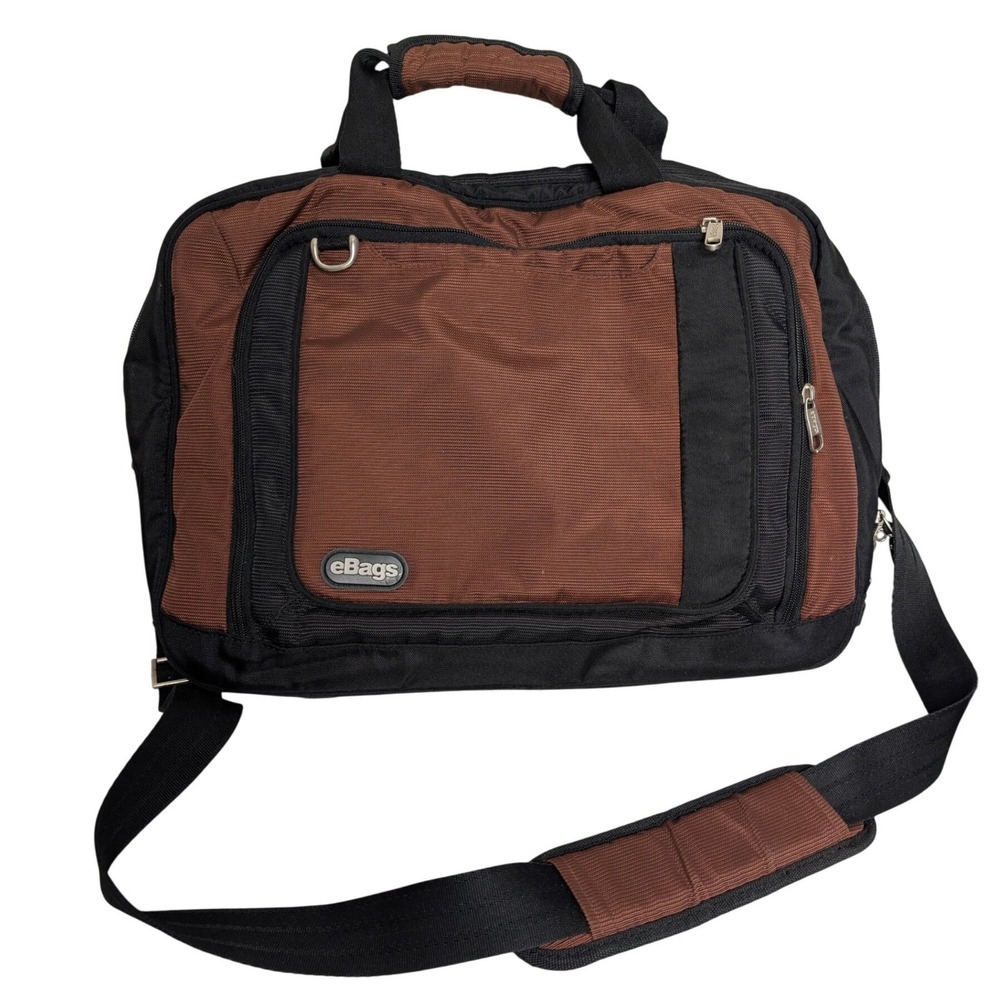 eBags Messenger Laptop Bag Expandable Brown Black Nylon Multi Compartment Large